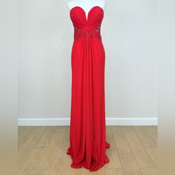 Cache Cherry Red Sheer Floral Back  Strapless Illusion Gown w/ AB Rhinestones 8 - Picture 2 of 16